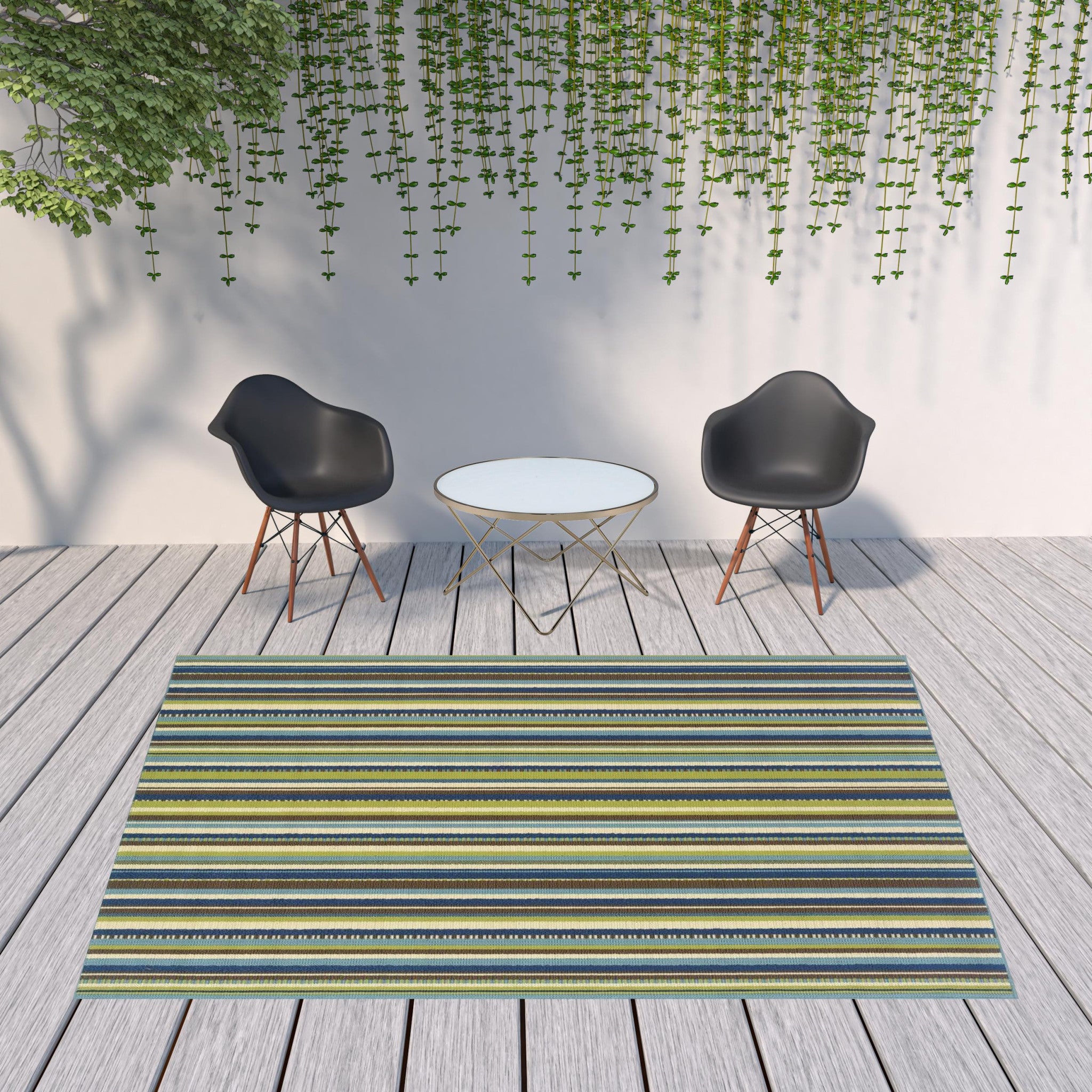 Blue Striped Stain Resistant Indoor Outdoor Area Rug - 8' x 11'