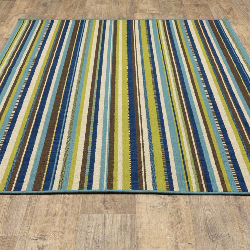 9' X 13' Blue Striped Stain Resistant Indoor Outdoor Area Rug