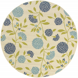 8' Round Ivory Round Floral Stain Resistant Indoor Outdoor Area Rug
