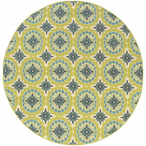 8' Round Green Round Floral Stain Resistant Indoor Outdoor Area Rug