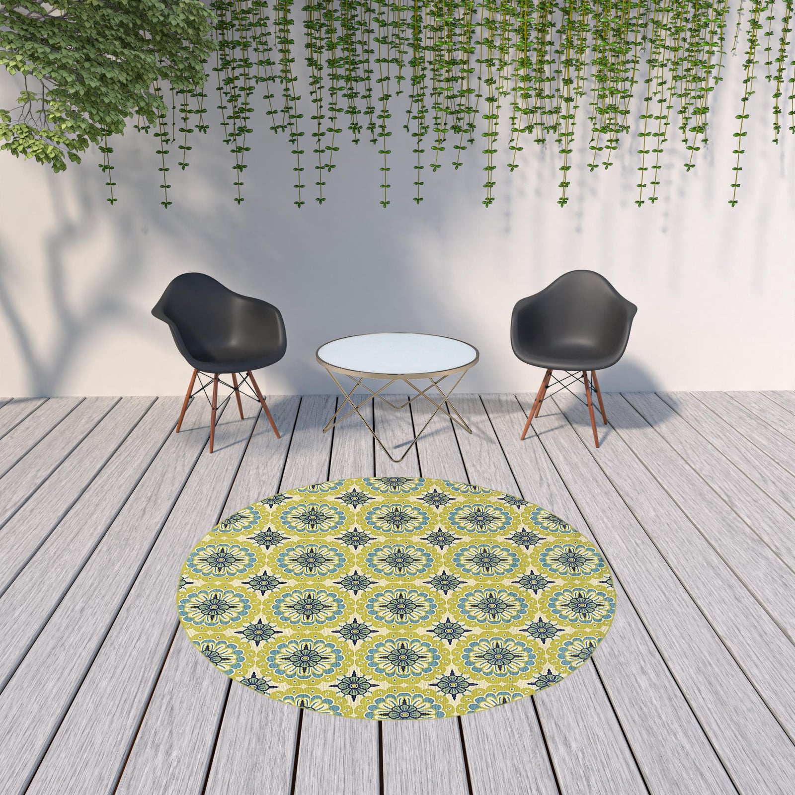 8' Round Green Round Floral Stain Resistant Indoor Outdoor Area Rug