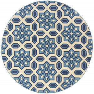 8' Round Ivory Round Geometric Stain Resistant Indoor Outdoor Area Rug