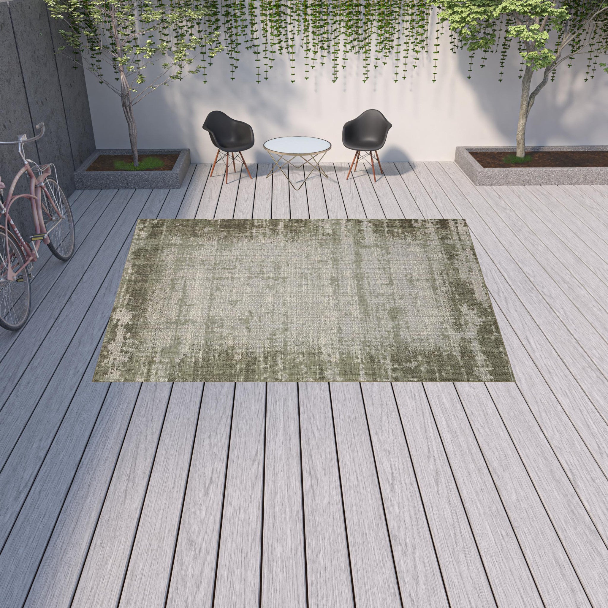 10' X 13' Green Abstract Stain Resistant Indoor Outdoor Area Rug