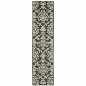2' X 8' Grey Floral Stain Resistant Indoor Outdoor Area Rug