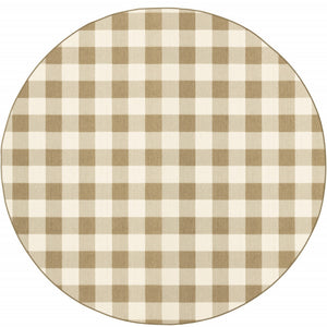 8' Round Tan Round Geometric Stain Resistant Indoor Outdoor Area Rug