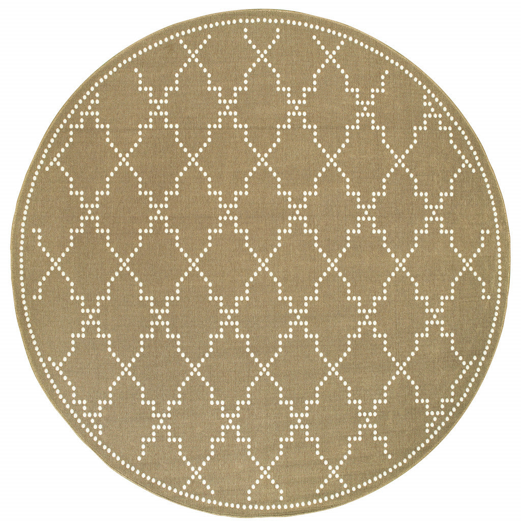 8' Tan Round Geometric Stain Resistant Indoor Outdoor Area Rug