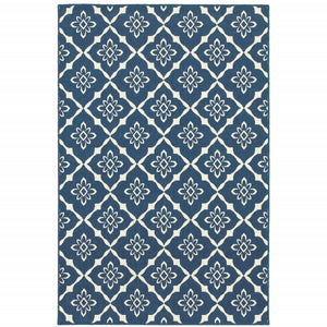 8' X 11' Navy Floral Stain Resistant Indoor Outdoor Area Rug