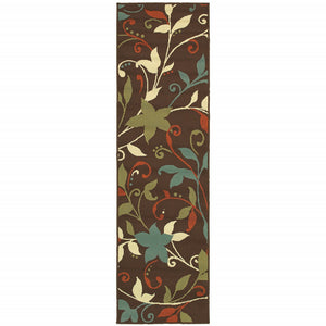 26.77” X 90.55” Brown Floral Stain Resistant Indoor Outdoor Runner Rug
