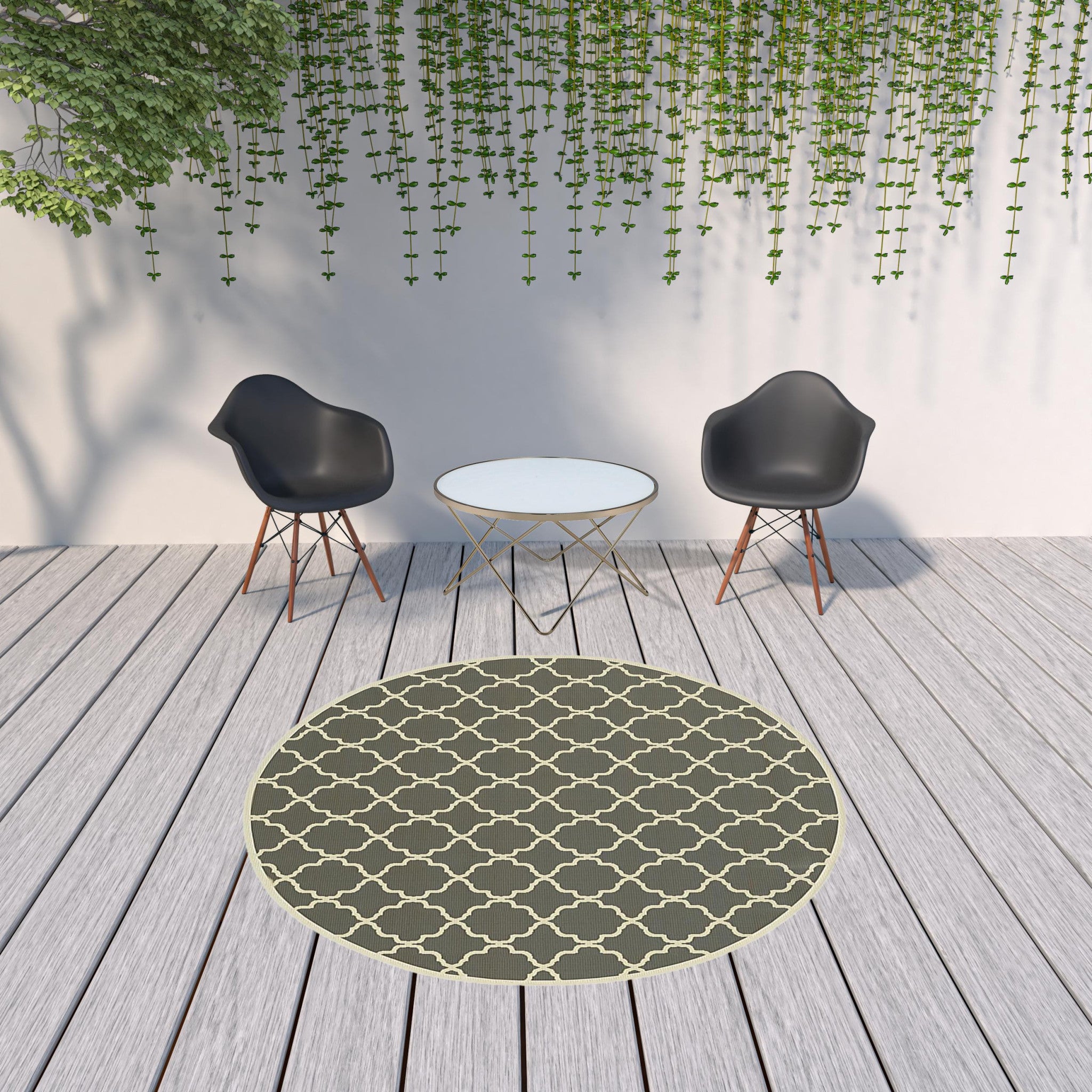 8' Round Charcoal Round Geometric Stain Resistant Indoor Outdoor Area Rug