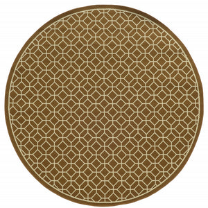 8' Round Brown Round Geometric Stain Resistant Indoor Outdoor Area Rug