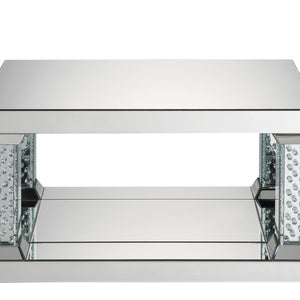 36" Mirrored Glass and Faux Crystal Bling Rectangular Coffee Table With Shelf