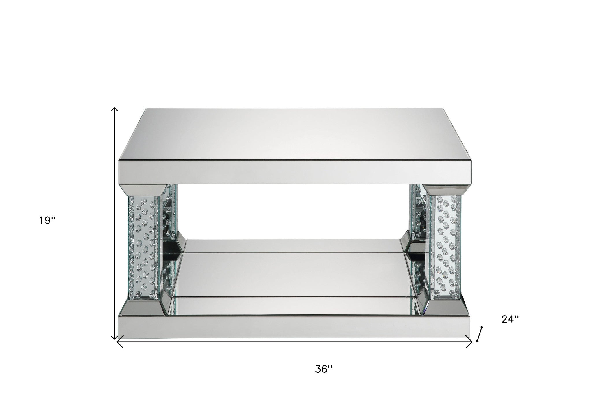 36" Mirrored Glass and Faux Crystal Bling Rectangular Coffee Table With Shelf