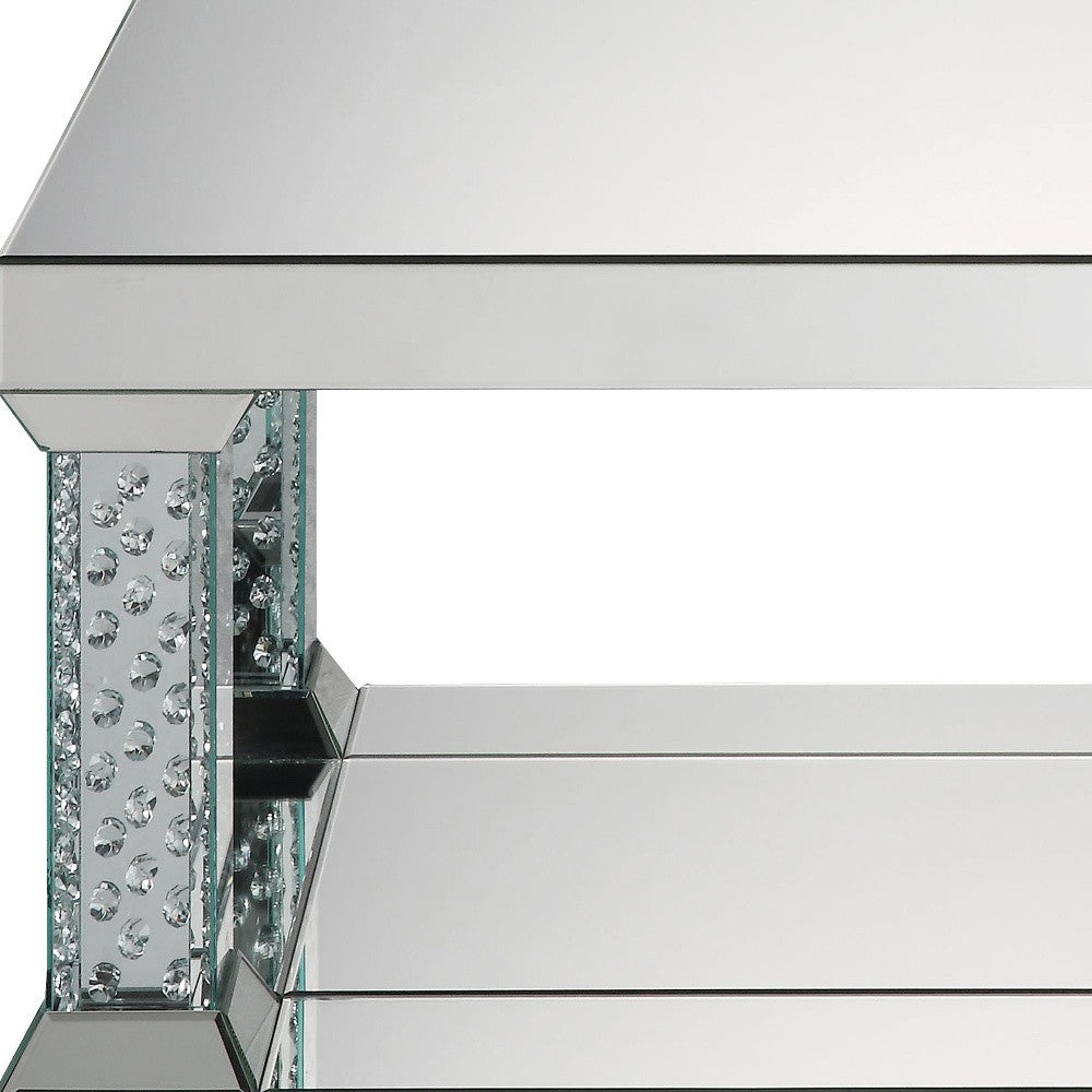 36" Mirrored Glass and Faux Crystal Bling Rectangular Coffee Table With Shelf