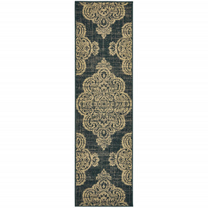 2' X 8' Black Oriental Stain Resistant Indoor Outdoor Area Rug