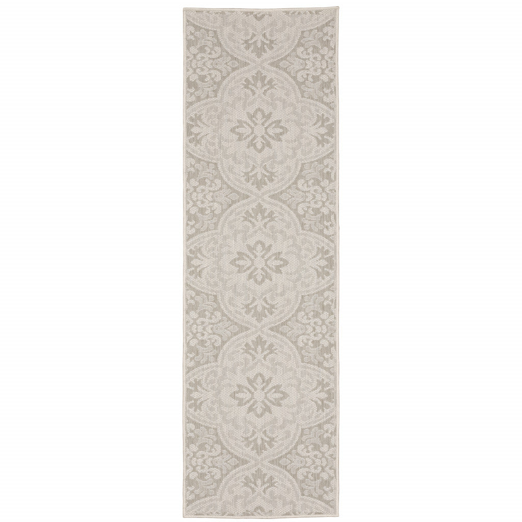 2' X 7' Ivory Floral Stain Resistant Indoor Outdoor Area Rug