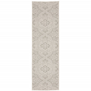 2' X 7' Ivory Floral Stain Resistant Indoor Outdoor Area Rug