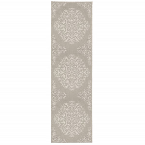 Grey Oriental Stain Resistant Indoor Outdoor Area Rug - 2' X 7'