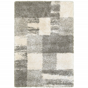 Grey Ivory And Silver Geometric Shag Power Loom Stain Resistant Area Rug - 8' x 11'