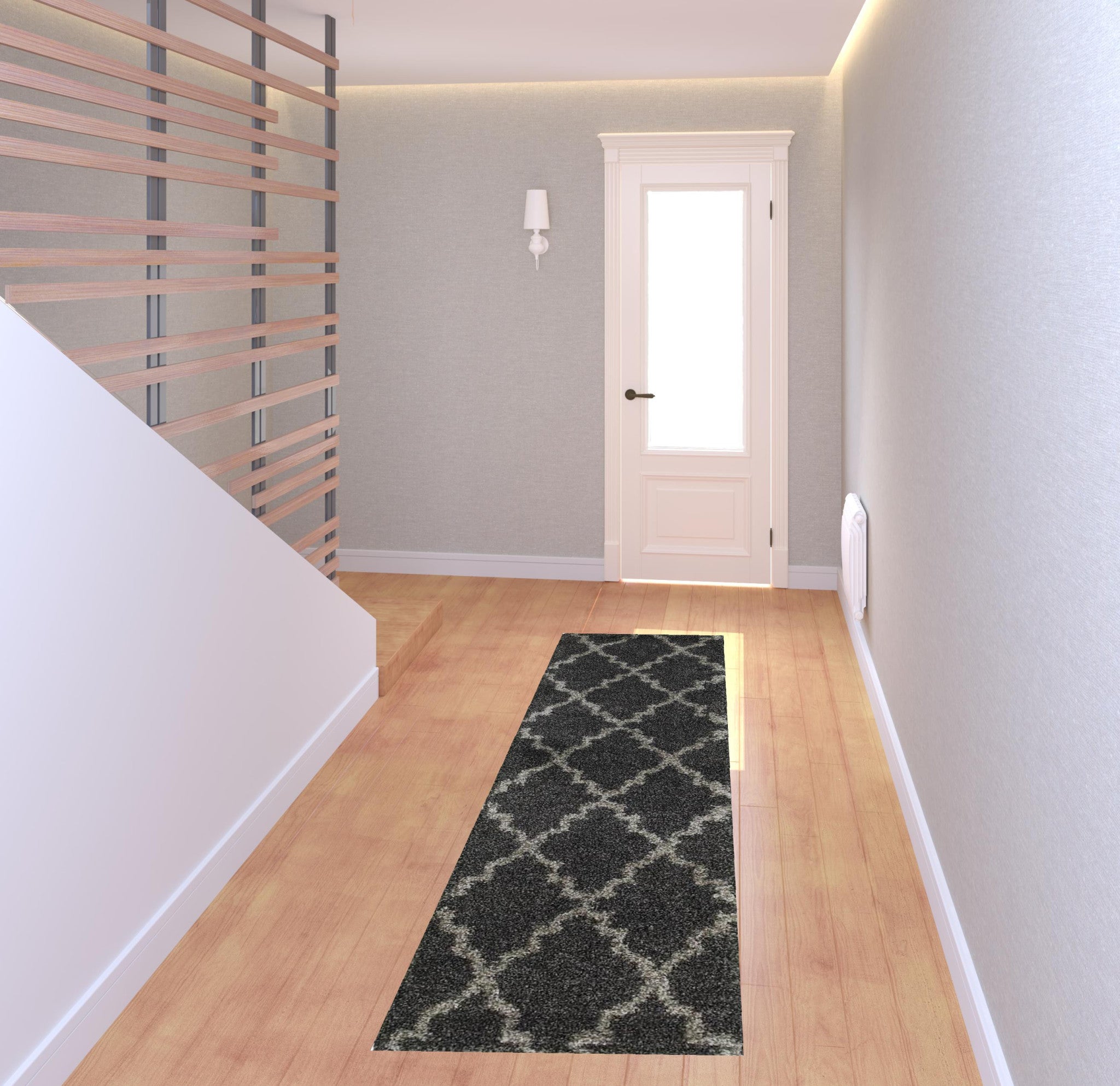 2' X 8' Charcoal And Grey Geometric Shag Power Loom Stain Resistant Runner Rug