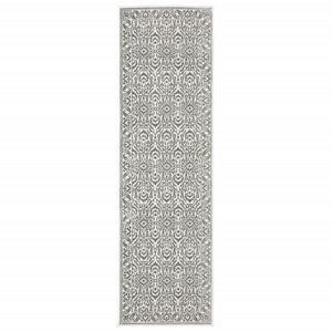 2' X 8' Grey And White Floral Power Loom Stain Resistant Runner Rug