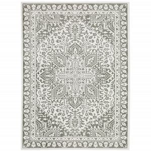 8' X 11' Grey And White Oriental Power Loom Stain Resistant Area Rug