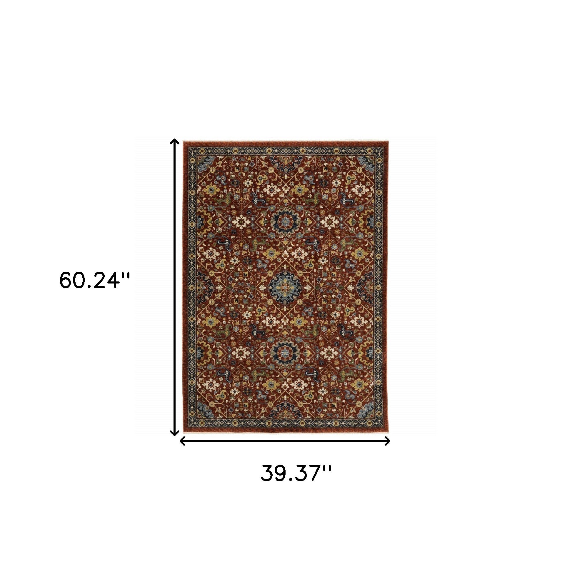 3' X 5' Red Blue Gold And Ivory Oriental Power Loom Stain Resistant Area Rug With Fringe