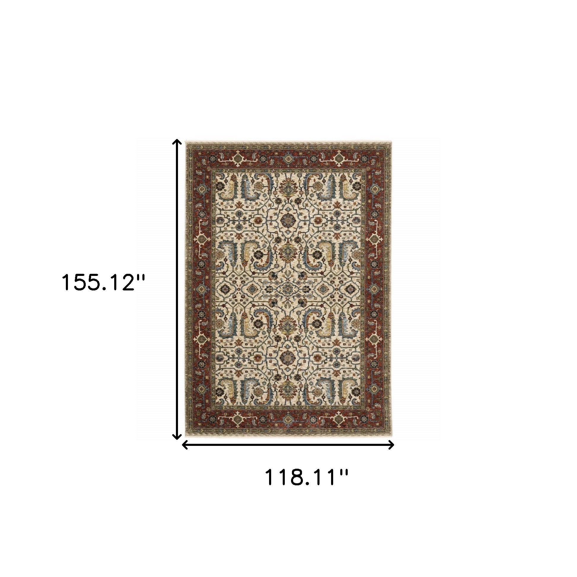 10' X 13' Ivory Red Green Grey Blue And Navy Oriental Power Loom Stain Resistant Area Rug With Fringe
