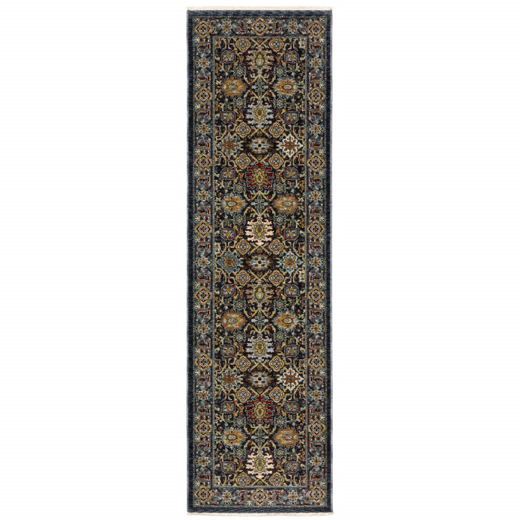 2' X 8' Blue Red Beige Orange Green And Rust Oriental Power Loom Stain Resistant Runner Rug With Fringe