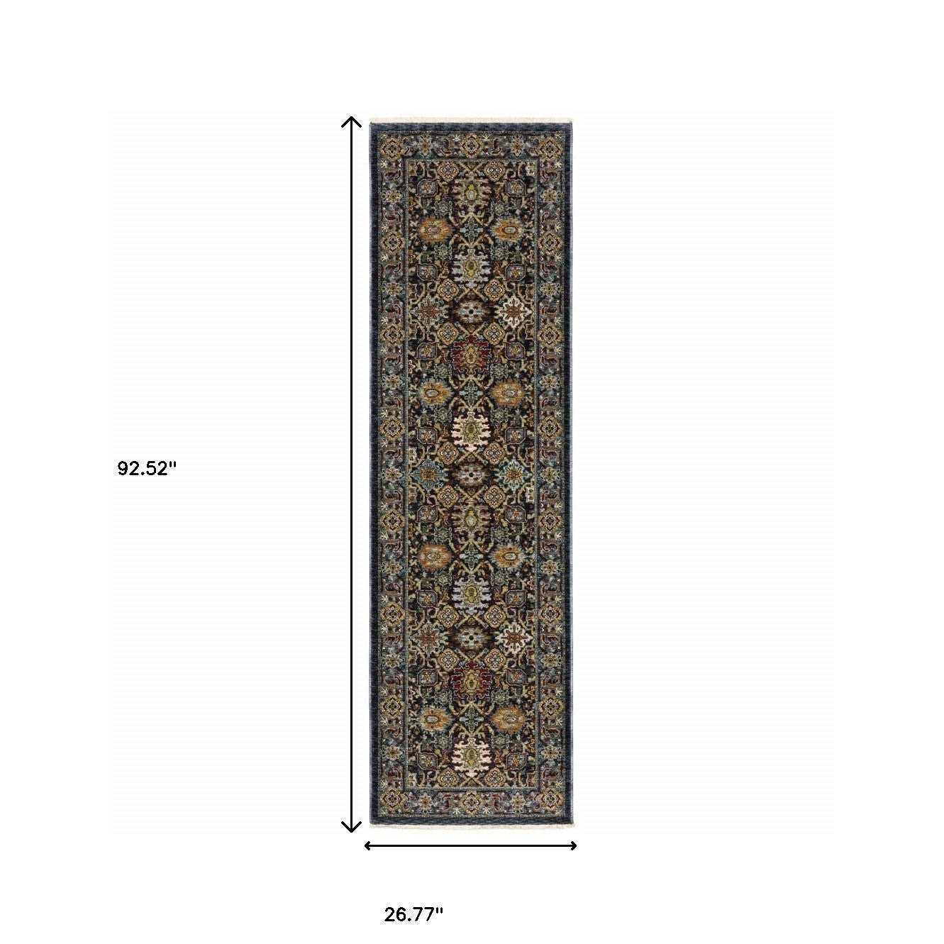 2' X 8' Blue Red Beige Orange Green And Rust Oriental Power Loom Stain Resistant Runner Rug With Fringe