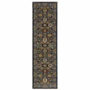 2' X 8' Blue Red Beige Orange Green And Rust Oriental Power Loom Stain Resistant Runner Rug With Fringe