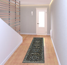 2' X 8' Blue Ivory Grey Gold Green And Brown Oriental Power Loom Stain Resistant Runner Rug With Fringe