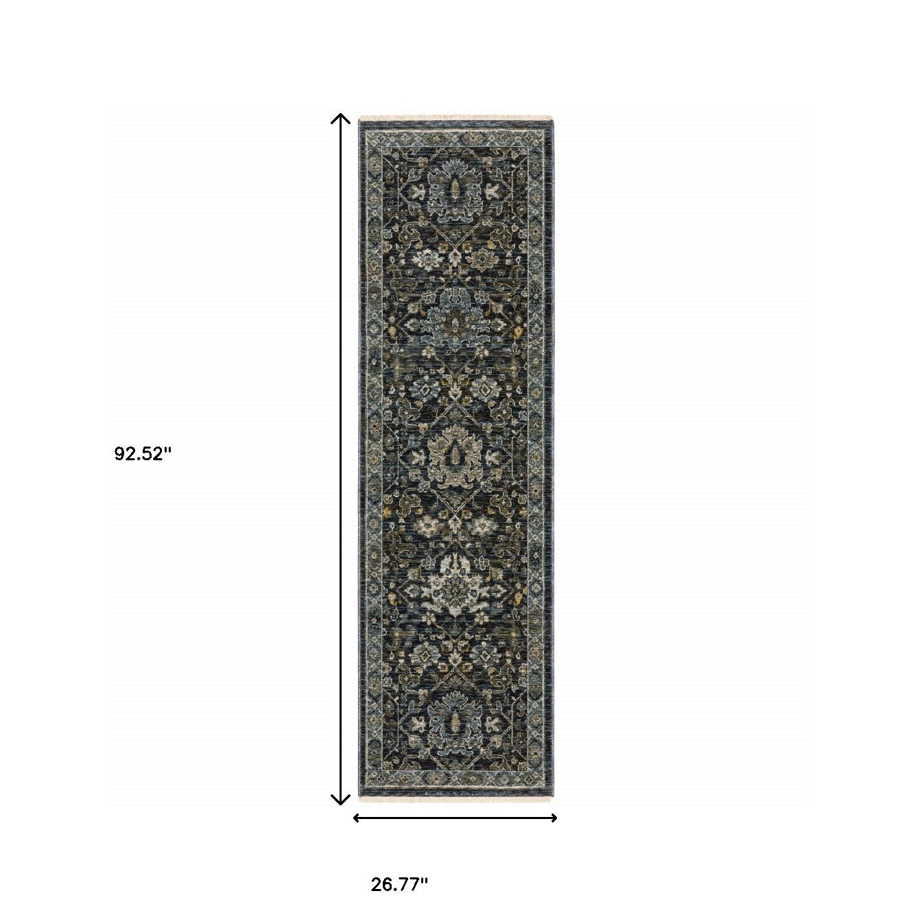 2' X 8' Blue Ivory Grey Gold Green And Brown Oriental Power Loom Stain Resistant Runner Rug With Fringe