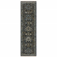 2' X 8' Blue Ivory Grey Gold Green And Brown Oriental Power Loom Stain Resistant Runner Rug With Fringe