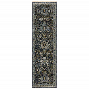 2' X 8' Blue Ivory Grey Gold Green And Brown Oriental Power Loom Stain Resistant Runner Rug With Fringe