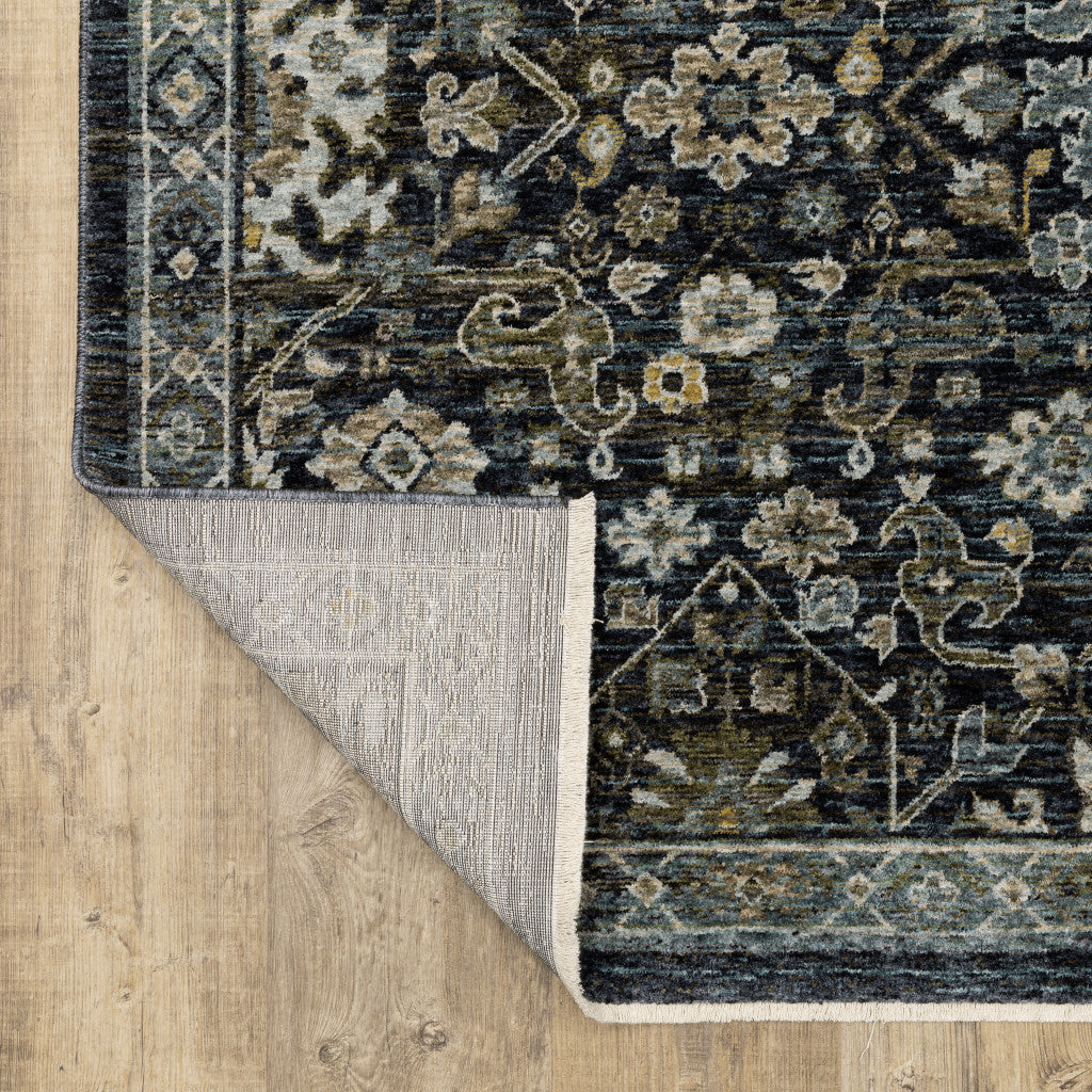 2' X 8' Blue Ivory Grey Gold Green And Brown Oriental Power Loom Stain Resistant Runner Rug With Fringe