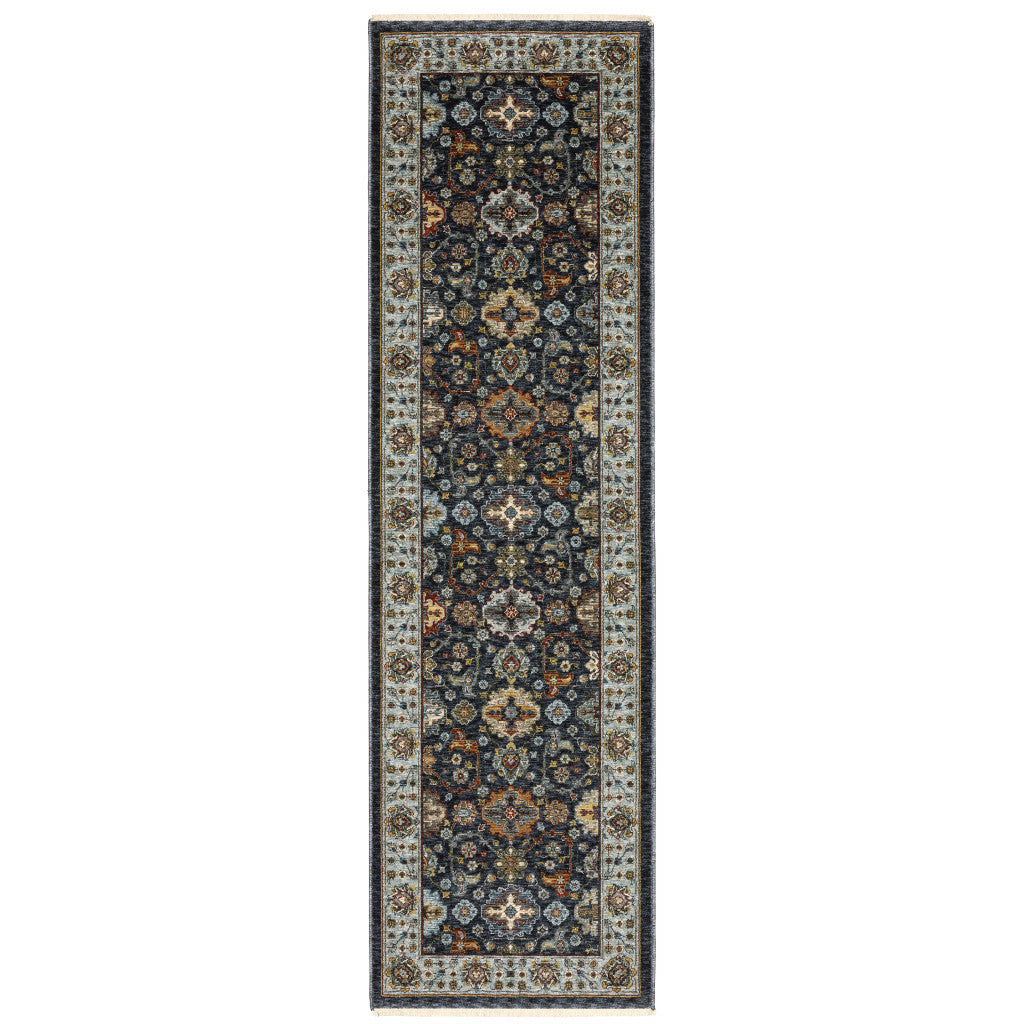 2' X 8' Blue Red Beige Yellow Grey Rust And Gold Oriental Power Loom Stain Resistant Runner Rug With Fringe
