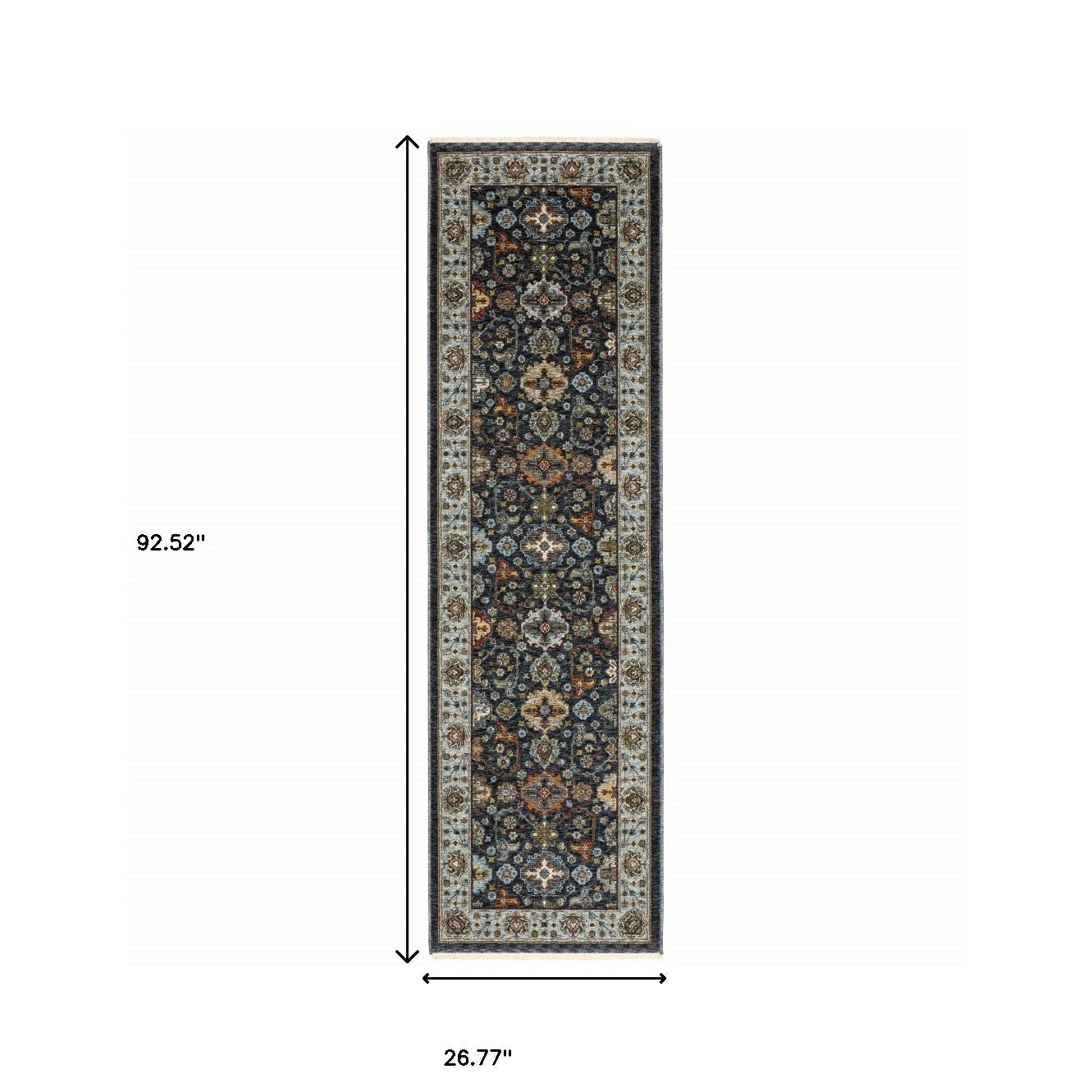 2' X 8' Blue Red Beige Yellow Grey Rust And Gold Oriental Power Loom Stain Resistant Runner Rug With Fringe