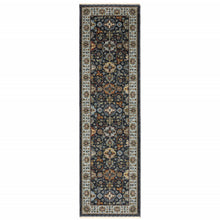 2' X 8' Blue Red Beige Yellow Grey Rust And Gold Oriental Power Loom Stain Resistant Runner Rug With Fringe