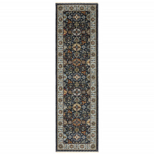 2' X 8' Blue Red Beige Yellow Grey Rust And Gold Oriental Power Loom Stain Resistant Runner Rug With Fringe
