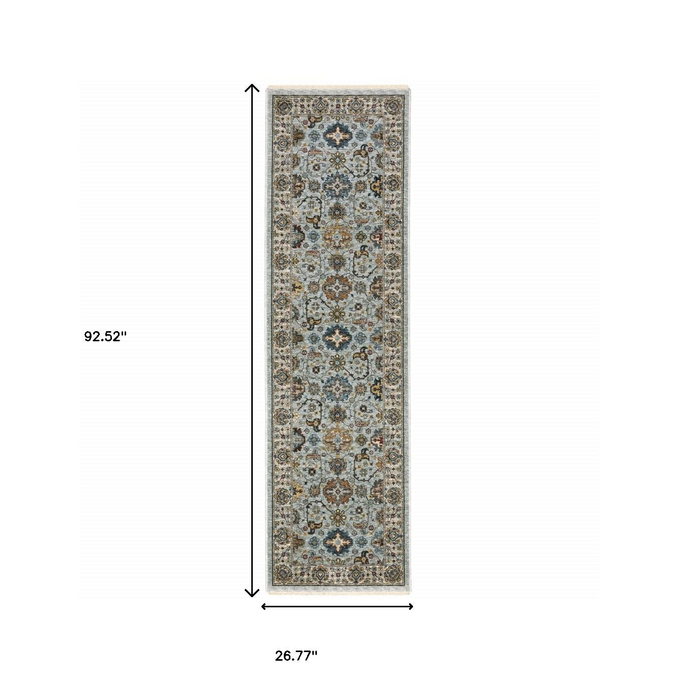 2' X 8' Blue Beige Grey Green Yellow And Rust Oriental Power Loom Stain Resistant Runner Rug With Fringe