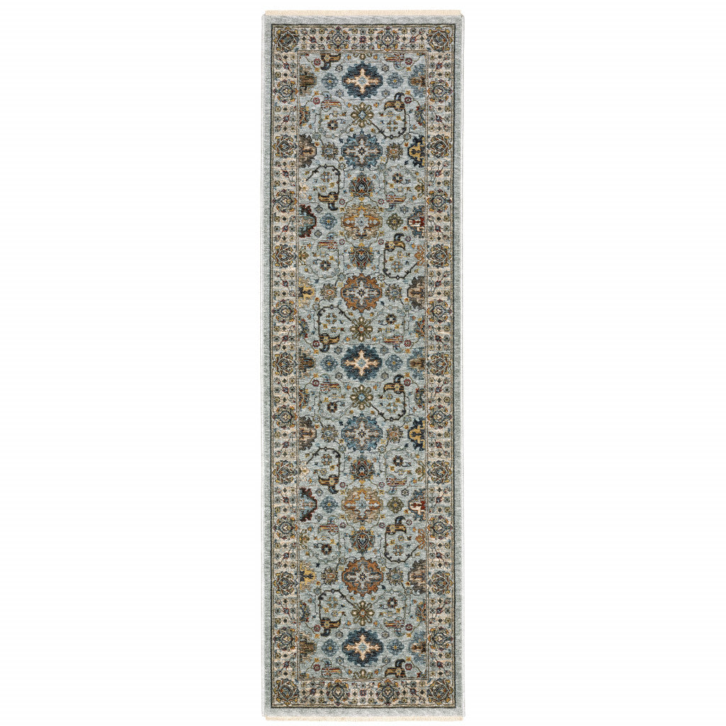 2' X 8' Blue Beige Grey Green Yellow And Rust Oriental Power Loom Stain Resistant Runner Rug With Fringe