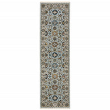 2' X 8' Blue Beige Grey Green Yellow And Rust Oriental Power Loom Stain Resistant Runner Rug With Fringe