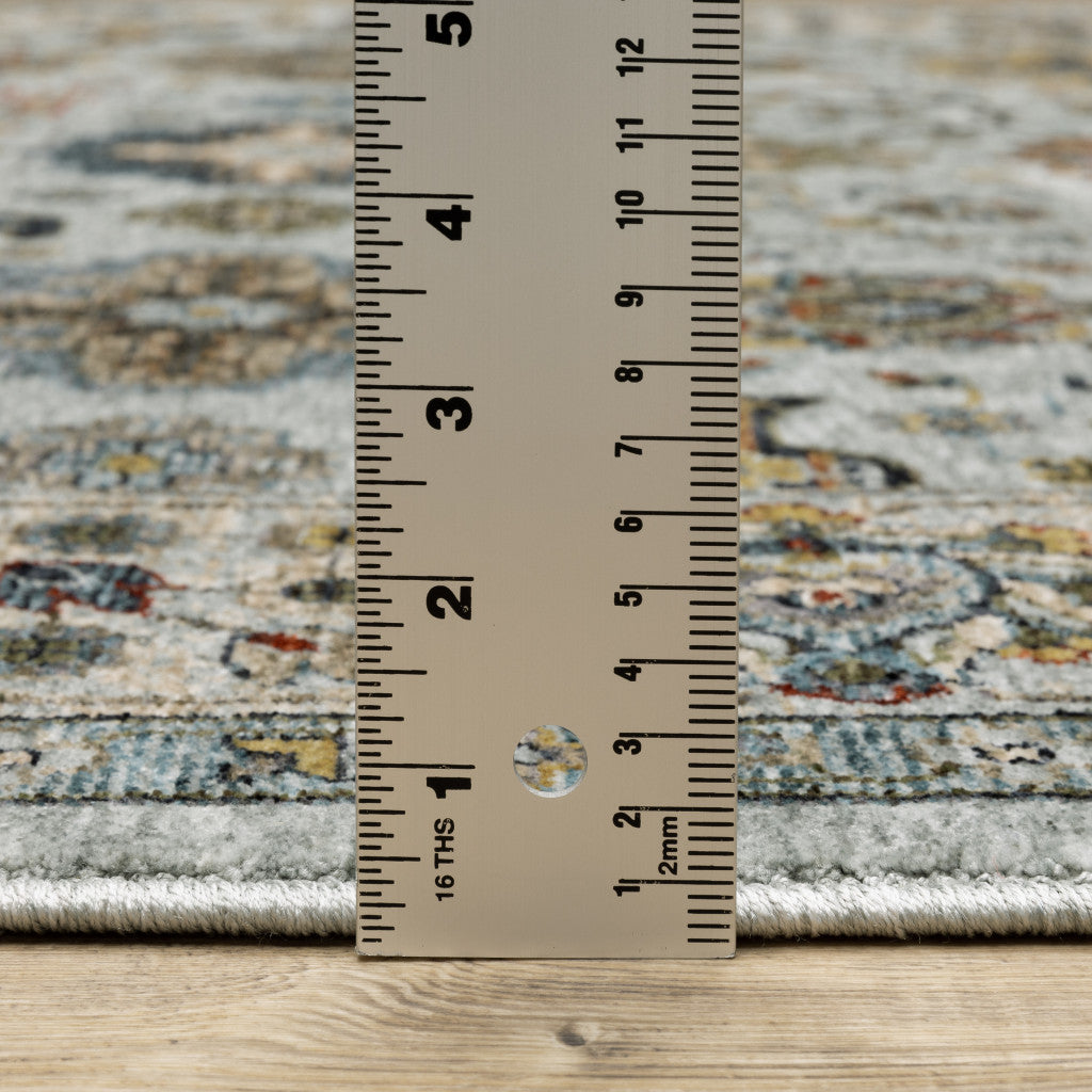 2' X 8' Blue Beige Grey Green Yellow And Rust Oriental Power Loom Stain Resistant Runner Rug With Fringe