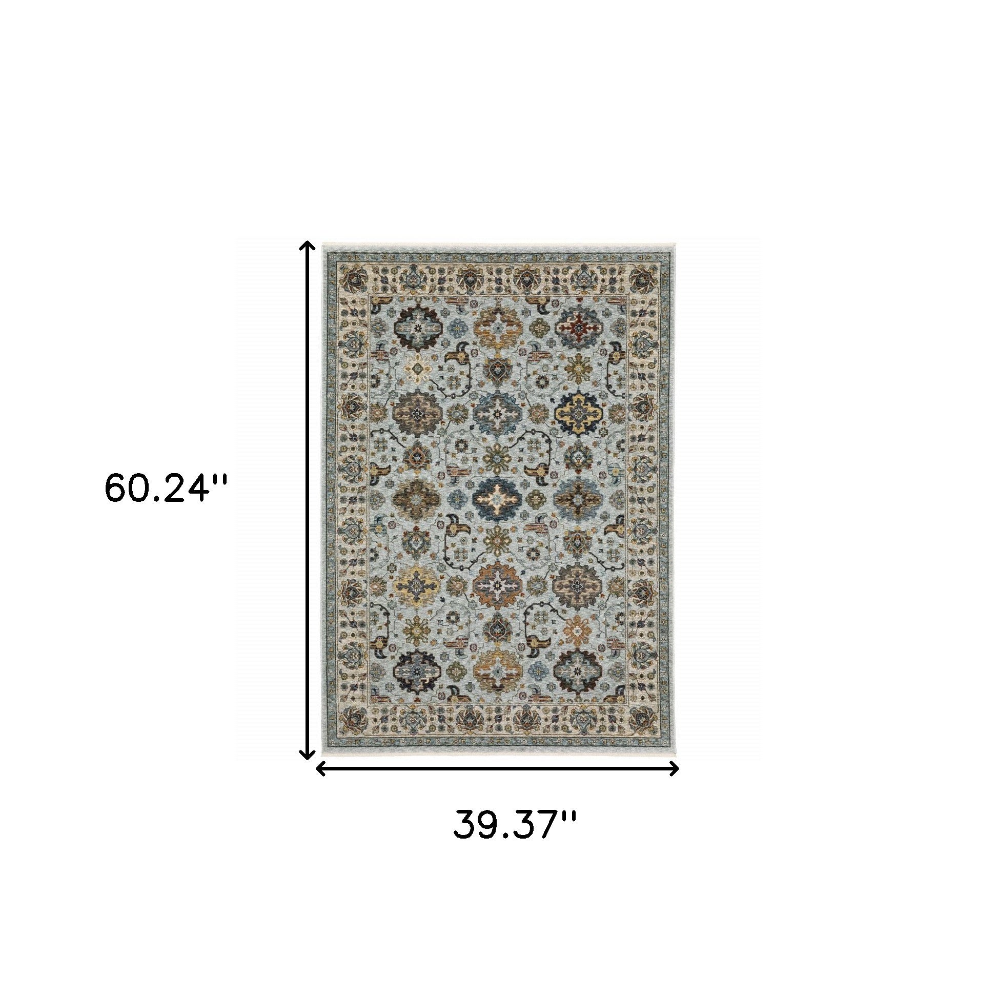 3' X 5' Blue Beige Grey Green Yellow And Rust Oriental Power Loom Stain Resistant Area Rug With Fringe