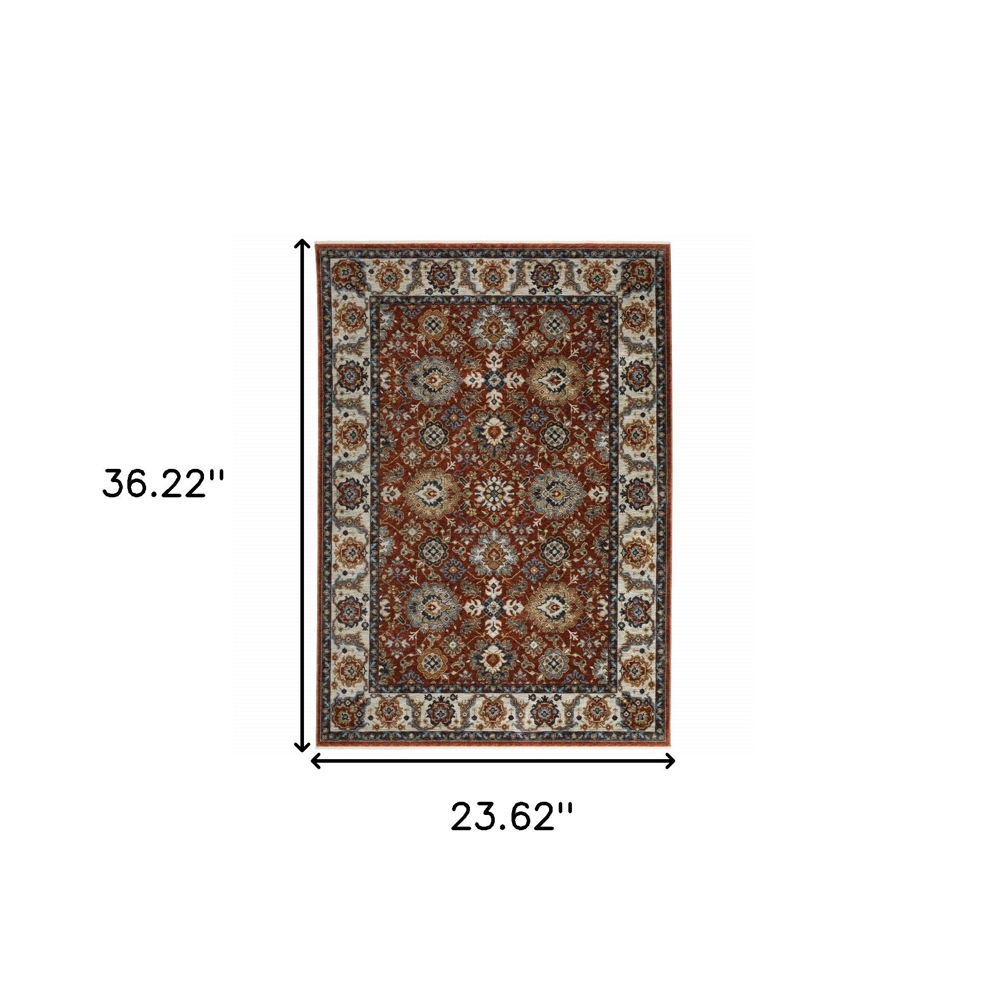 2' X 3' Red Blue Ivory Gold And Navy Oriental Power Loom Stain Resistant Area Rug With Fringe