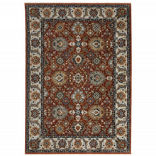 5' X 8' Red Blue Ivory Gold And Navy Oriental Power Loom Stain Resistant Area Rug With Fringe
