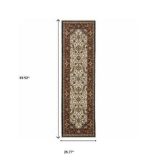 2' X 8' Ivory Beige Red Blue Gold Green And Navy Oriental Power Loom Stain Resistant Runner Rug With Fringe