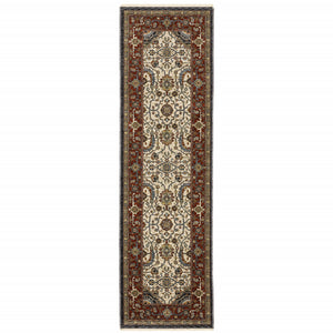 2' X 8' Ivory Beige Red Blue Gold Green And Navy Oriental Power Loom Stain Resistant Runner Rug With Fringe