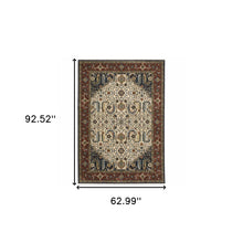 5' X 8' Ivory Beige Red Blue Gold Green And Navy Oriental Power Loom Stain Resistant Area Rug With Fringe