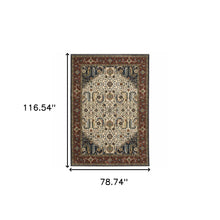 Ivory Beige Red Blue Gold Green And Navy Oriental Power Loom Stain Resistant Area Rug With Fringe - 6' x 9'